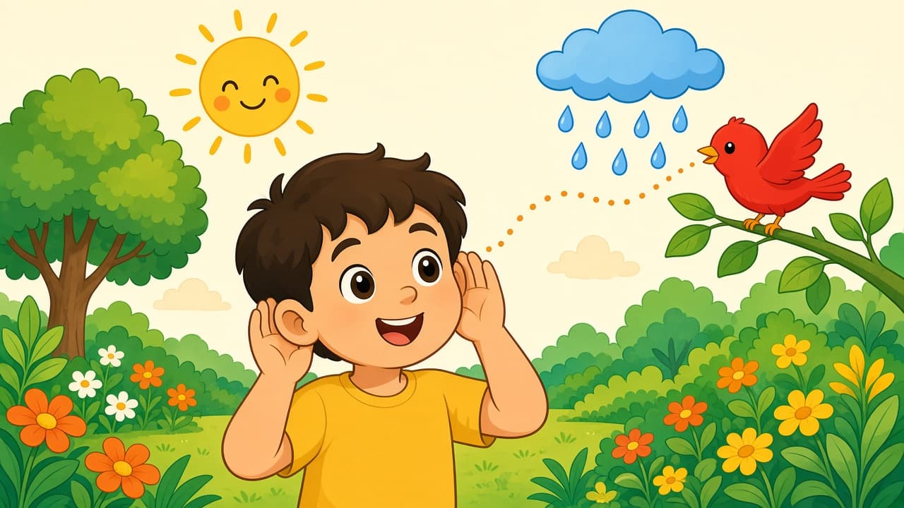 A child listening in a colourful garden