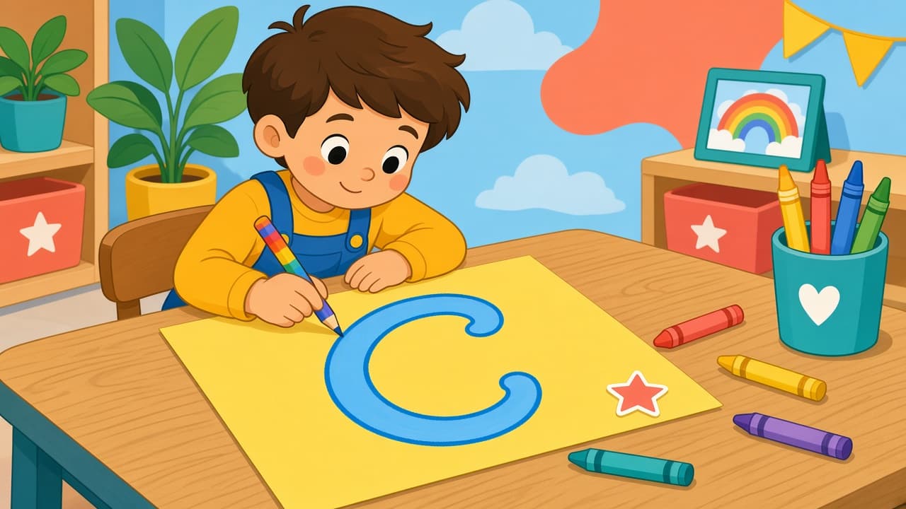 A child tracing a curly letter